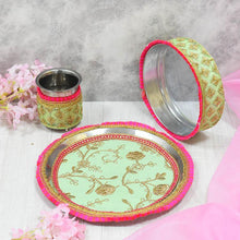 Load image into Gallery viewer, Mint &amp; Pink Embroided Karwa Chauth Thali Set
