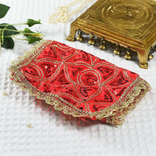 Load image into Gallery viewer, Red Chowki Cover With Red And Golden Sequence Beads
