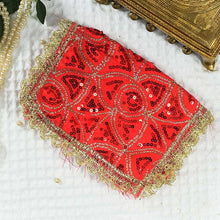 Load image into Gallery viewer, Red Chowki Cover With Red And Golden Sequence Beads
