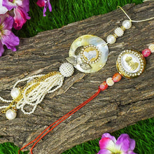 Load image into Gallery viewer, Golden &amp; White Pearl Silver Coin Bhaiya Bhabi Rakhi (Set Of 2)
