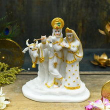 Load image into Gallery viewer, Golden White Radha Krishna With Cow Idol
