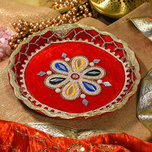 Load image into Gallery viewer, Velvet Red Decorated Pooja Thali

