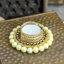 Load image into Gallery viewer, Elegant Pearl Studded Golden T-Light Candle Holder
