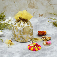 Load image into Gallery viewer, Bhai Dooj Elegant Gold Potli with Dry Fruits
