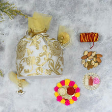 Load image into Gallery viewer, Bhai Dooj Elegant Gold Potli with Dry Fruits
