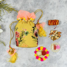 Load image into Gallery viewer, Bhai Dooj Floral Yellow Potli with Dry Fruits
