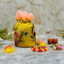 Load image into Gallery viewer, Bhai Dooj Floral Yellow Potli with Dry Fruits
