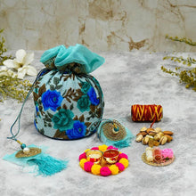 Load image into Gallery viewer, Bhai Dooj Tika Blissful Blue Potli with Dry Fruits

