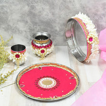 Load image into Gallery viewer, Pink and White Decorated Karwa Chauth Thali Set
