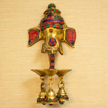 Load image into Gallery viewer, Antique Brass Ganesh Wall Hanging With Deepak &amp; Hanging Bells
