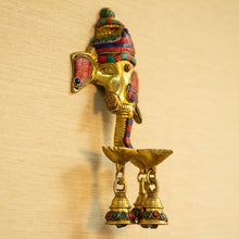 Load image into Gallery viewer, Antique Brass Ganesh Wall Hanging With Deepak &amp; Hanging Bells
