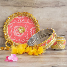 Load image into Gallery viewer, Peach &amp; Yellow Bandhani Karwa Chauth Thali Set
