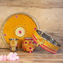 Load image into Gallery viewer, Eye-Catching Golden Pink Karwa Chauth Thali Set
