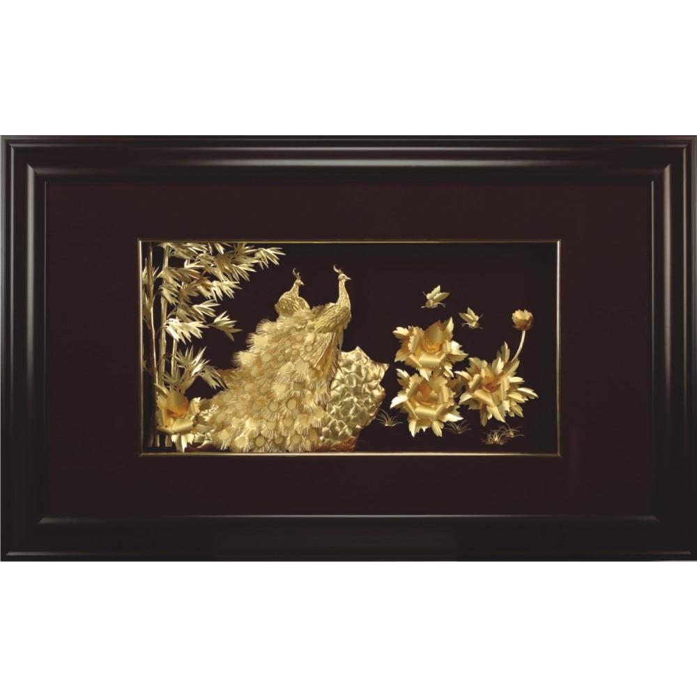 24K Gold Foil Large Peacock, Peony & Bamboo
