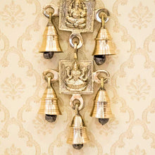 Load image into Gallery viewer, Antique Brass Door/Wall Hanging 5 Bells with Engraved Laxmi &amp; Ganesh
