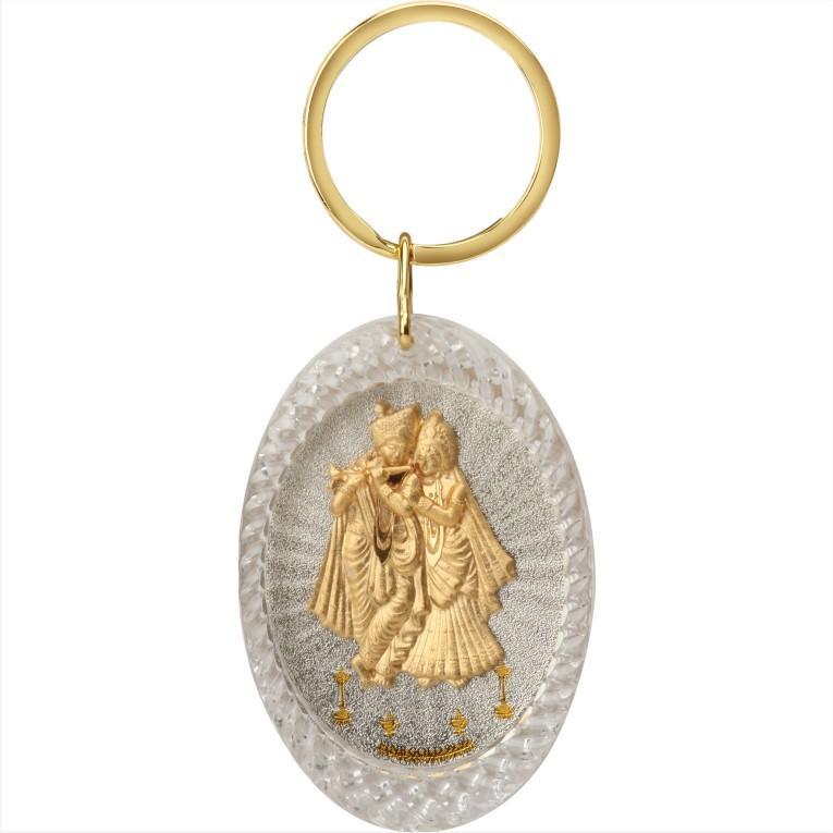 24K Gold Foil Radha Krishna Oval Keychain